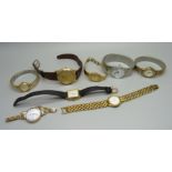 A collection of wristwatches including a lady's 9ct gold cased Record wristwatch on a rolled gold