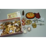 Assorted badges and buttons; military and railway, etc.