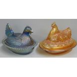Two carnival glass hens, Sowerby marigold with hen and chicks and a Westmorland Glass Company hen in