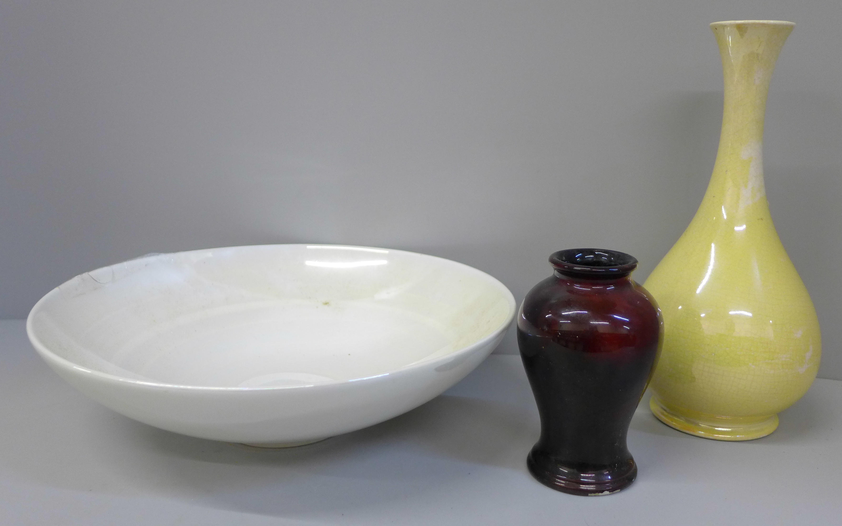 Two Moorcroft vases and shallow bowl, a/f