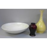 Two Moorcroft vases and shallow bowl, a/f