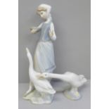 A Lladro figure of women tending to geese and another Lladro goose figure, a/f
