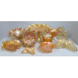 Ten items of marigold carnival glass, butterfly dish, pedestal bowl, kokomo rose bowl, etc. **PLEASE