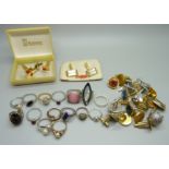 Thirteen pairs of cufflinks and assorted costume rings