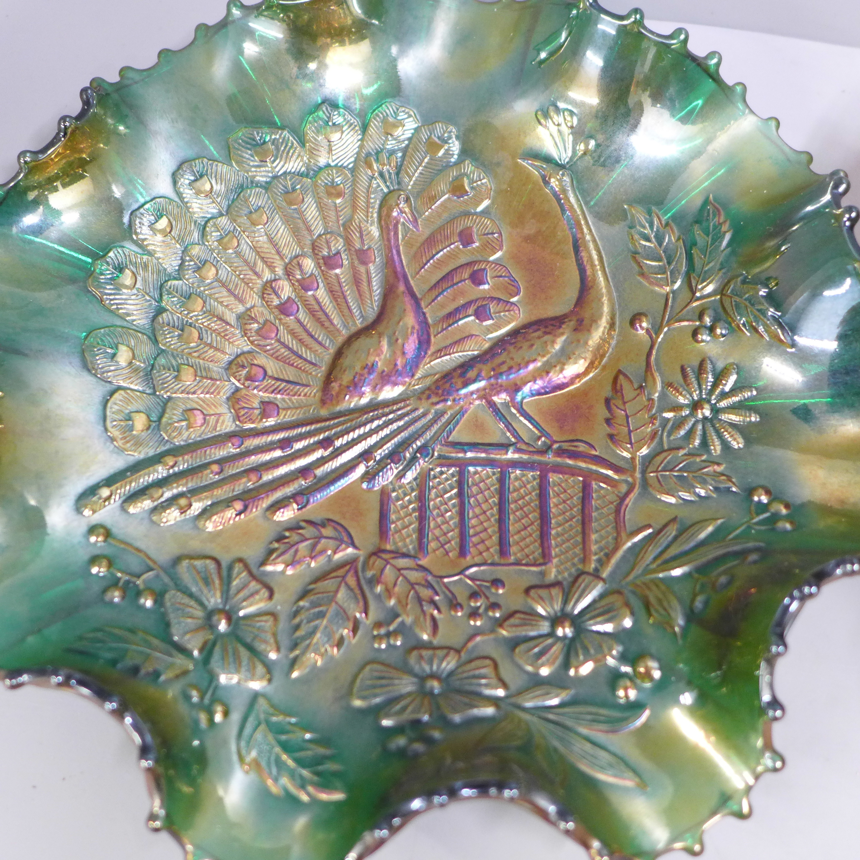 A Northwood Peacocks on Fence green carnival glass dish and a Fenton iridescent Stags and Holly - Image 3 of 5