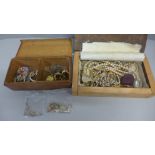 Two wooden boxes of costume jewellery including 9ct gold (9g approximate) and a micro mosaic brooch