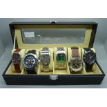 Six wristwatches in a display case including Sekonda and Aviatime
