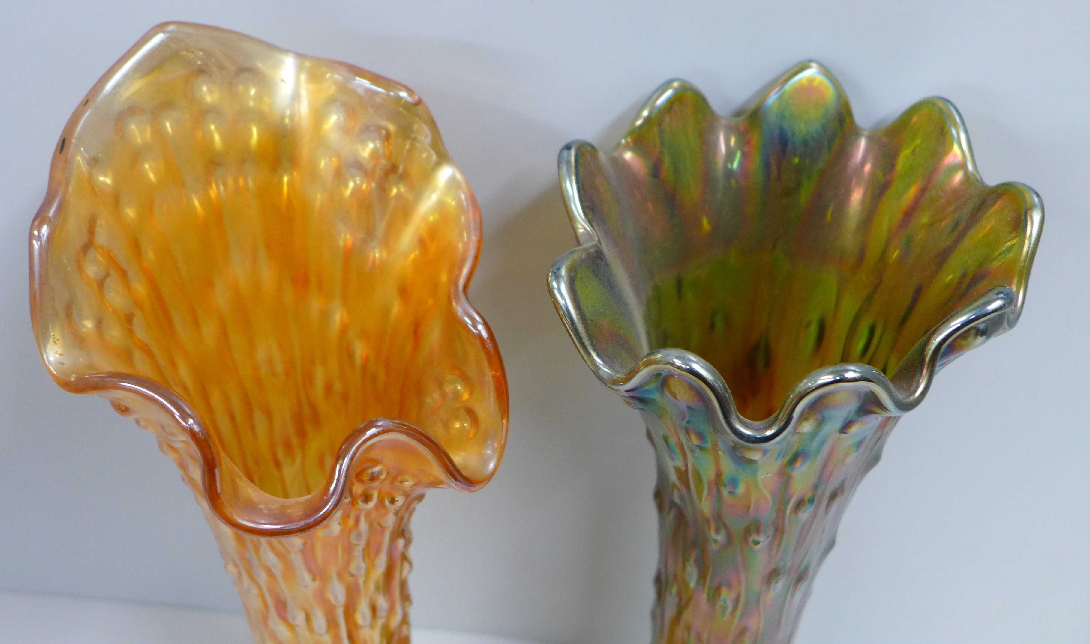 A Northwood iridescent carnival glass tree trunk vase and one other similar in marigold, base - Image 2 of 3