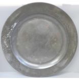 A large mid 18th Century pewter charger, John Duncombe, 45cm