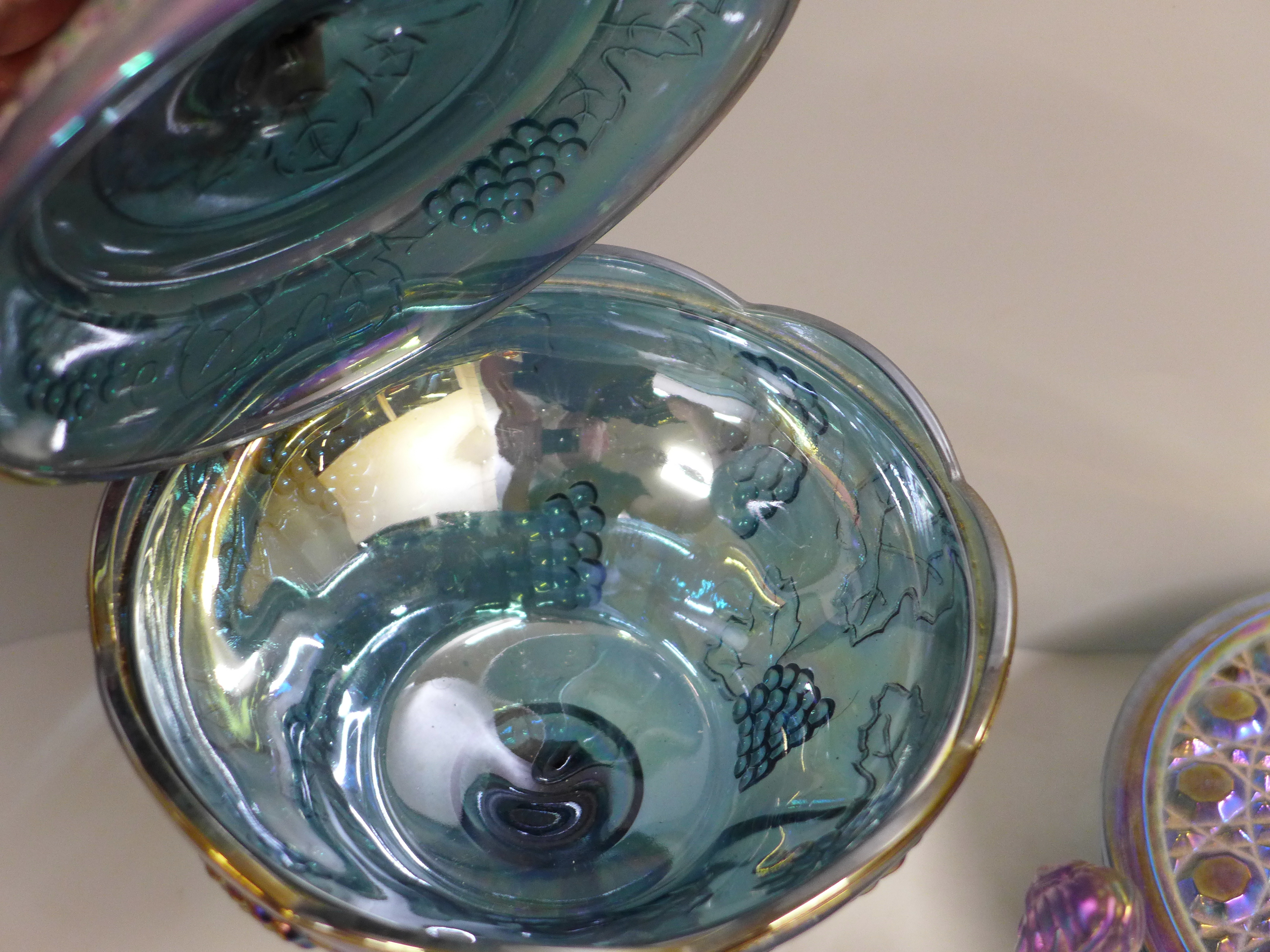 An Indiana Harvest Grape iridescent blue glass bon bon dish on stand, a Fenton Lily of The Valley - Image 3 of 7