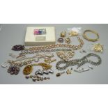 Costume jewellery, five silver pendants, a silver chain, and two pairs of silver earrings, 26g