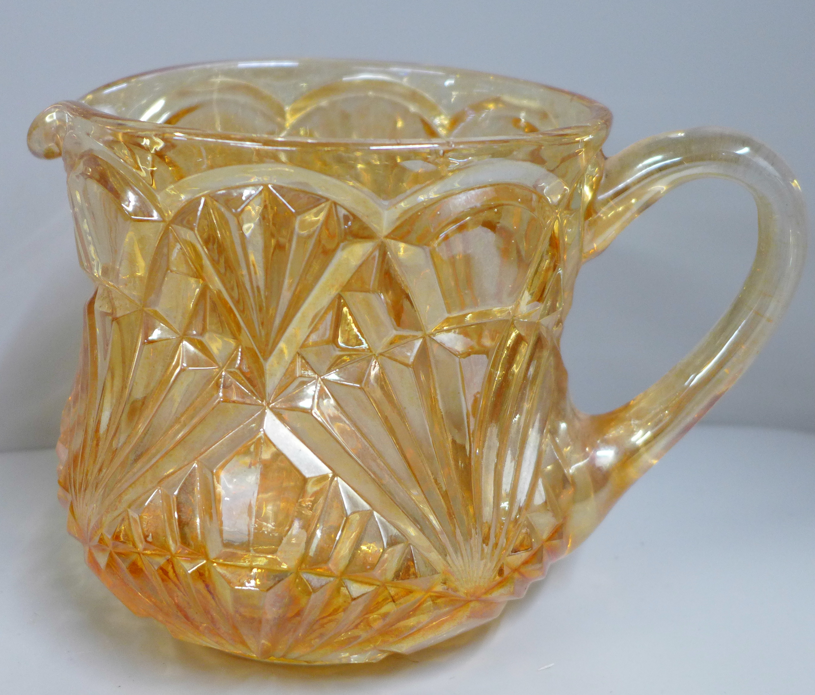 Ten items of marigold carnival glass, five jugs/pitchers, two pedestal bowls, other bowls - Image 4 of 7