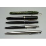 Pens including two fountain pens with 14ct gold nibs, green pen a/f