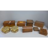 Nine decorative carved and inlaid wooden boxes