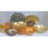 Ten items of carnival glass including marigold, a Jeanette Floragold Louisa vanity tray,