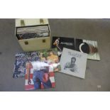 A record box with LP records, Roxy Music, Bryan Ferry, rock, etc., and three box sets, Eric