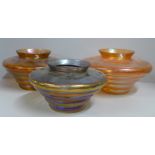 Three Crown Crystal Australia melon rib glass vases, marigold, dark marigold and smoke, 14cm and two