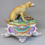 A Paris Porcelain table ink stand with a model of a dog on the lid tail restored