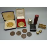 A silver gilt The Centenary Of England v Australia coin, another boxed coin, bone dice etc. b