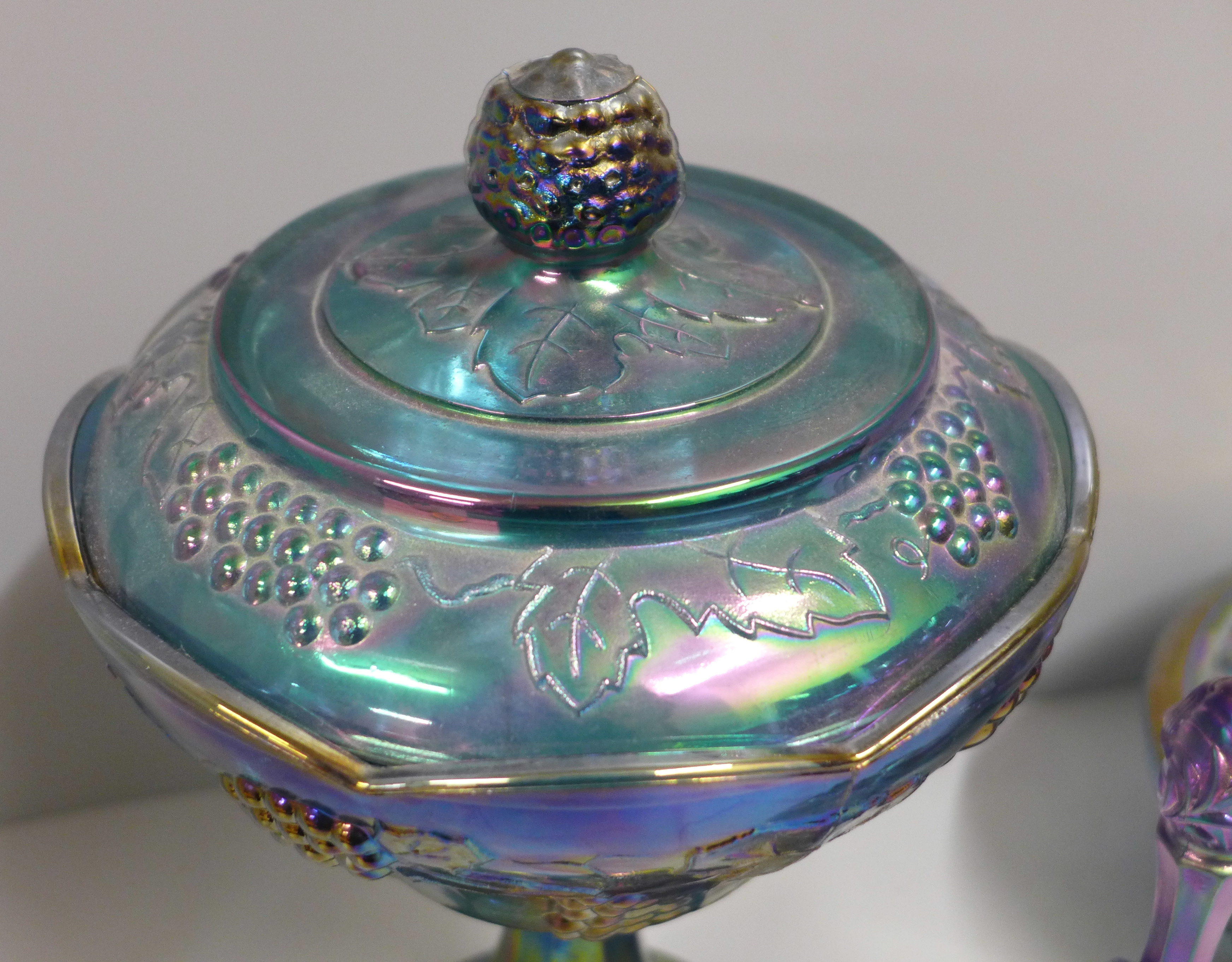 An Indiana Harvest Grape iridescent blue glass bon bon dish on stand, a Fenton Lily of The Valley - Image 2 of 7