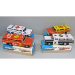 Four Studio Japan tin-plate friction powered Emergency Wagons, Fire Ambulance, Police and Rescue,