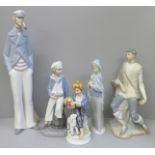 Four Lladro figures and one other, two a/f