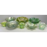 A Northwood Greek Key bowl, Fenton and other items of green carnival glass (8)