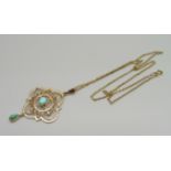 A 9ct gold and turquoise pendant on a 9ct gold chain, 3.3g, 4cm pendant length