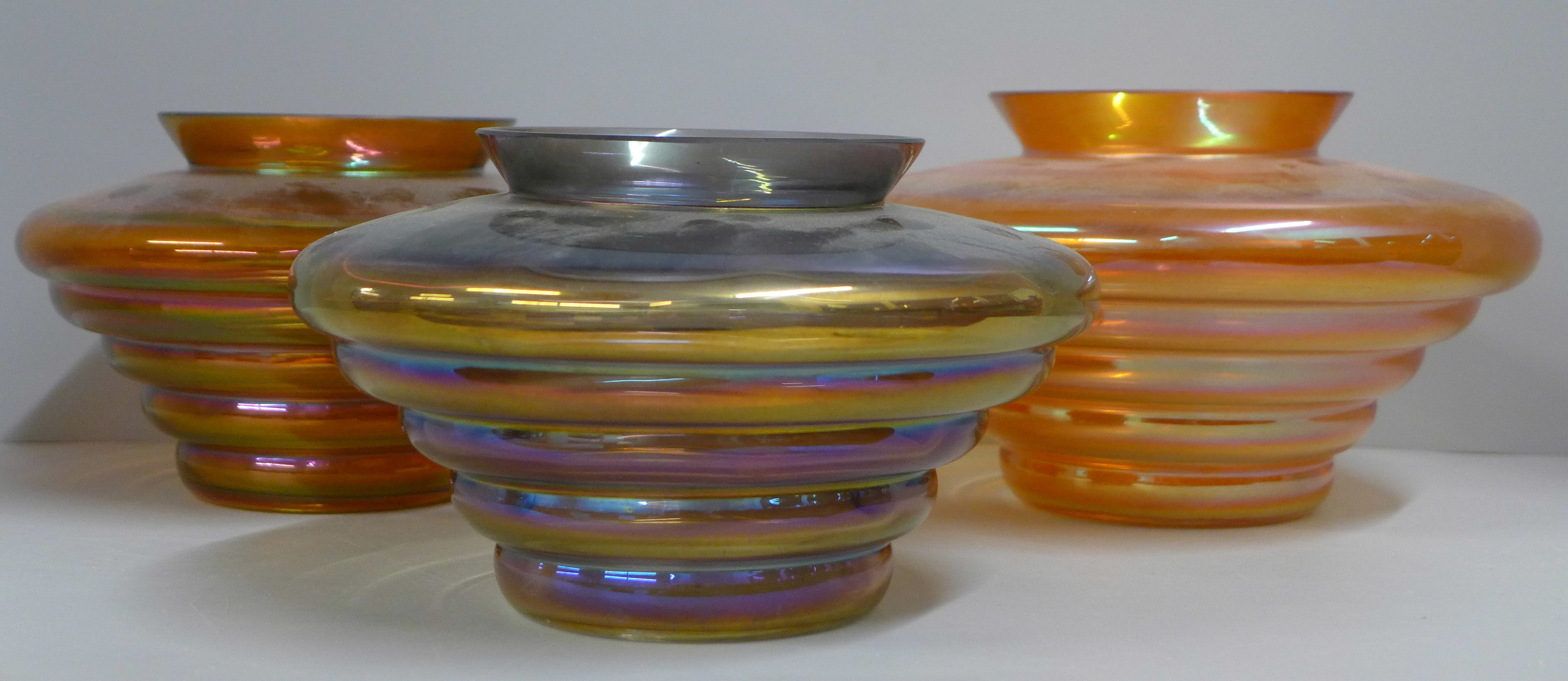 Three Crown Crystal Australia melon rib glass vases, marigold, dark marigold and smoke, 14cm and two - Image 2 of 4