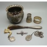 A collection of silver items, weighable silver 70g, and a metal vase