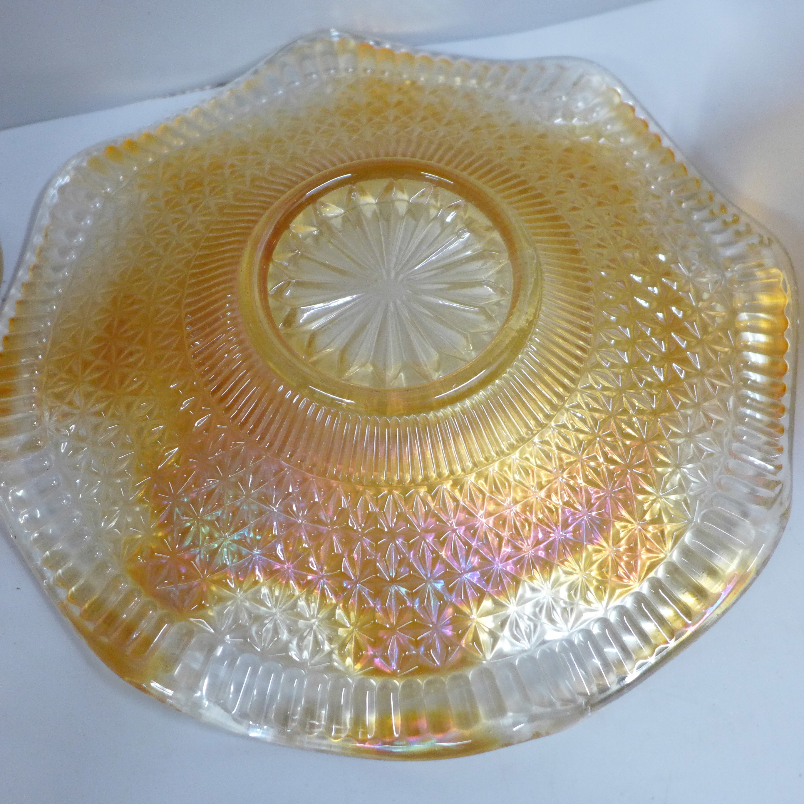 Ten items of marigold carnival glass, a crackle glaze celery vase, iridescent dished and bowls, - Image 7 of 8