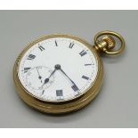 A 9ct gold pocket watch, case back with worn inscription