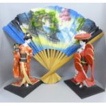 Two Japanese Geisha Girl figures and a large painted fan