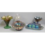 Five items of carnival glass, Fenton Jack in the Pulpit vase, Indiana Glass butter dish, Art Deco