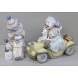 Two Lladro figures of clowns clown in car a/f