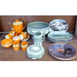 A collection of assorted china, Wedgwood Jasperware, eight railway collectors plates and a mid-