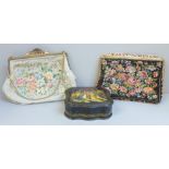 A vintage Russian lacquered box and two petit-point purses