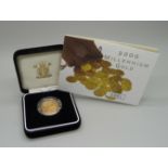 A Royal Mint 2000 UK Millennium gold proof sovereign with original box and paperwork