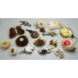 Twelve vintage costume jewellery brooches, a pair of clip on earrings and four Scottish claw