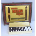 A set of Woodbines Cigarettes advertising dominoes in tin and a tin-plate Flor De Belar Cigars