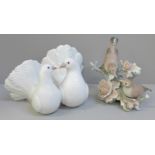 Two Lladro bird figure groups, doves and nightingales