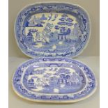 Two 19th Century blue and white Willow pattern serving plates, 37.5cm and 35cm