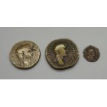 Three Roman coins, Marcus Aurelius Sestertius 140-144AD, Tetricus I, 271-274 AD, Claudius 41-54AD