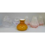 Five glass shades and a Caithness glass vase