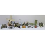 Britains Army lead figures, vehicle, motorbike, benches and a windmill