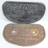 Two cast iron railway plaques, dated 1955 and 1956, 28cm