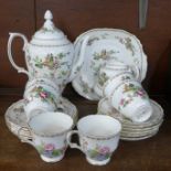 A Crown Staffordshire six setting china Pagoda pattern tea service, six cups, saucers, small plates,