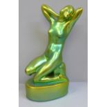 A Zsolnay Pecs Hungary model of a nude female figure, eosin green/gold lustre glaze, 25cm