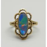 A 14ct gold and black doublet opal ring, 3.3g, M, a/f