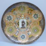 A decoupage shallow bowl in glass with photograph of young boy, (possibly a memorial plate), 31cm